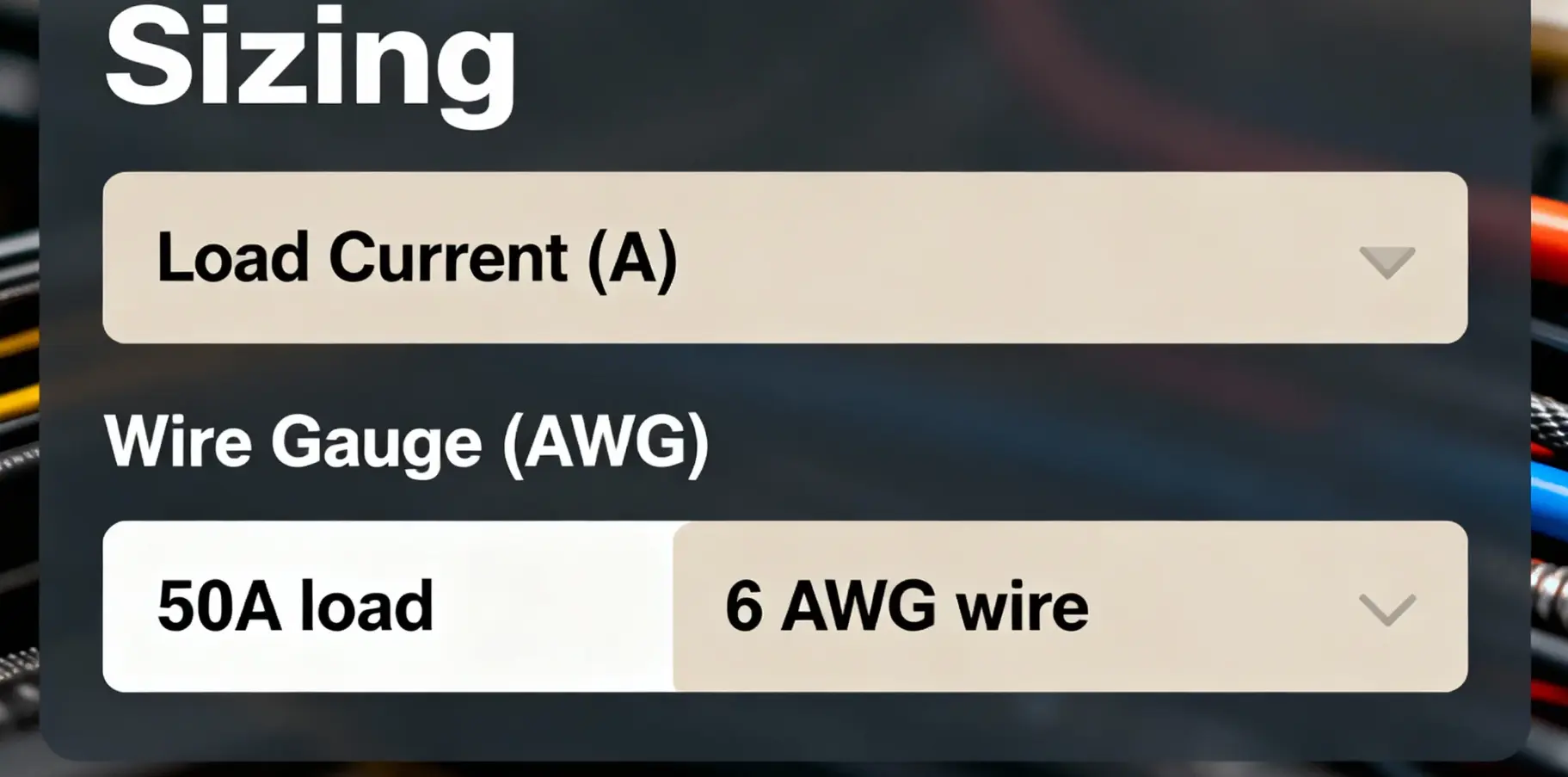 12V DC circuit breaker sizing calculator showing wire gauge selection based on amperage and cable length