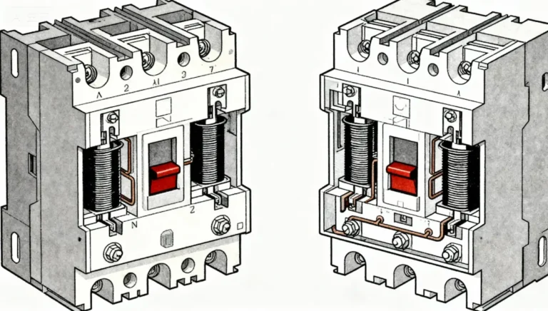 12 volt DC circuit breaker comparison showing thermal-magnetic and hydraulic-magnetic internal mechanisms with labeled components