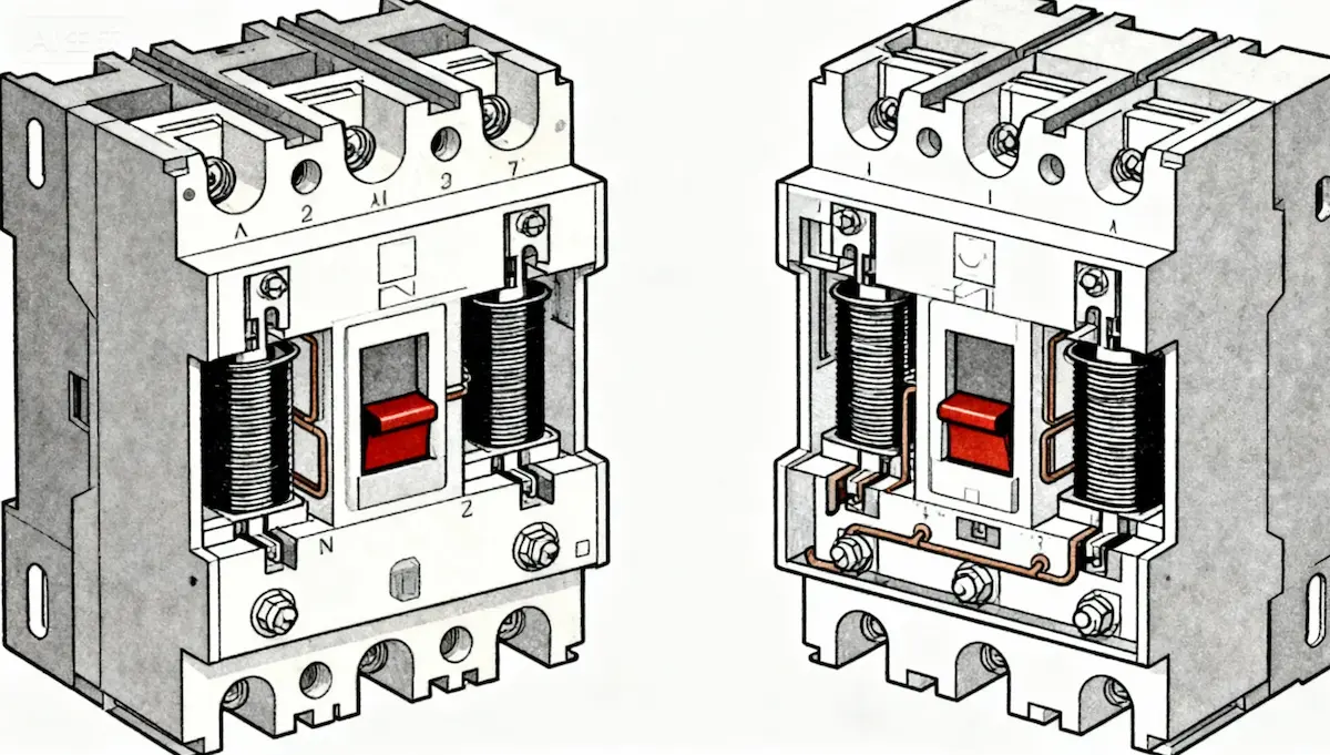 12 volt DC circuit breaker comparison showing thermal-magnetic and hydraulic-magnetic internal mechanisms with labeled components