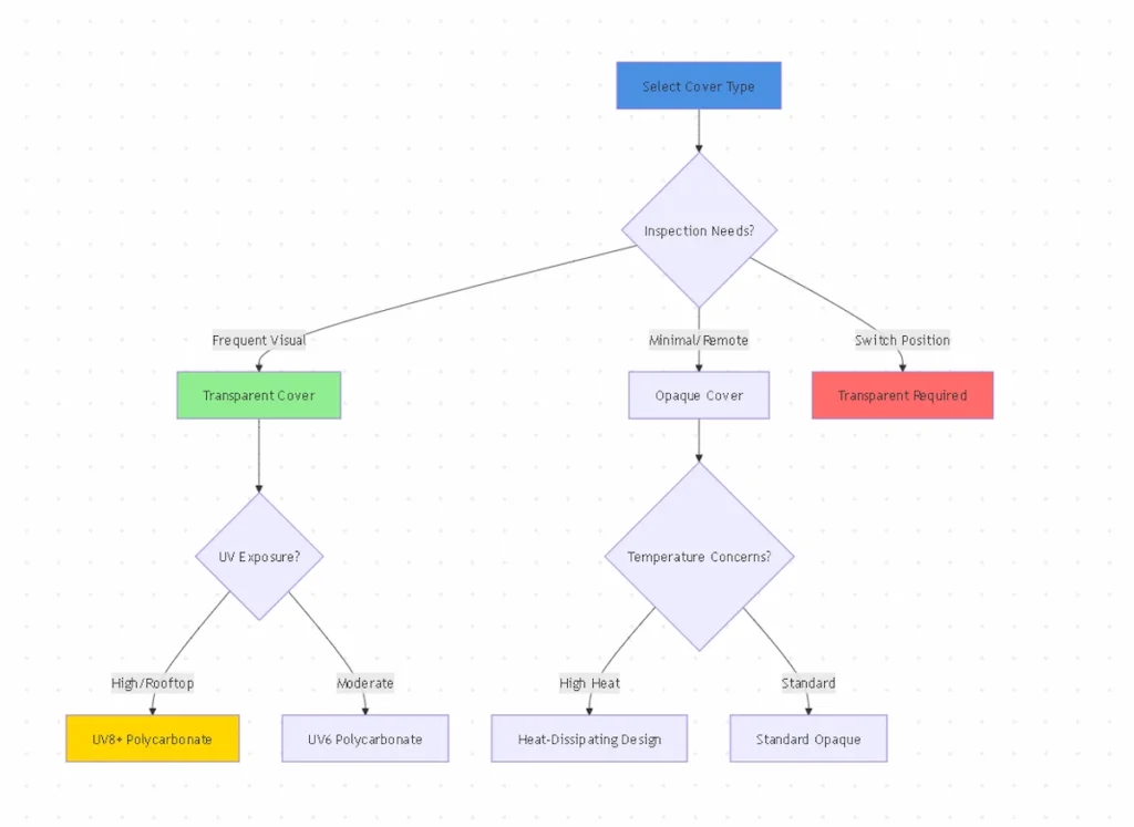 Organigramme de décision pour la sélection du type de couvercle de boîte électrique extérieure approprié en fonction des exigences de l'application et des besoins d'inspection