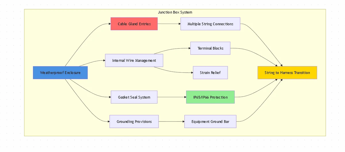 System diagram showing outdoor electrical junction box components including cable entries, wire management, sealing system, and grounding provisions