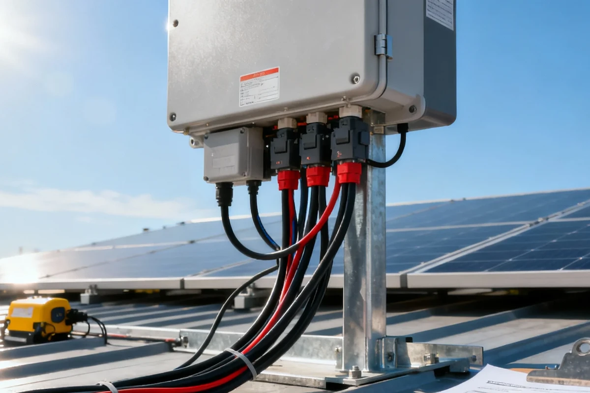 Boîte de jonction électrique extérieure avec entrées de câbles multiples installée sur un système photovoltaïque commercial en toiture