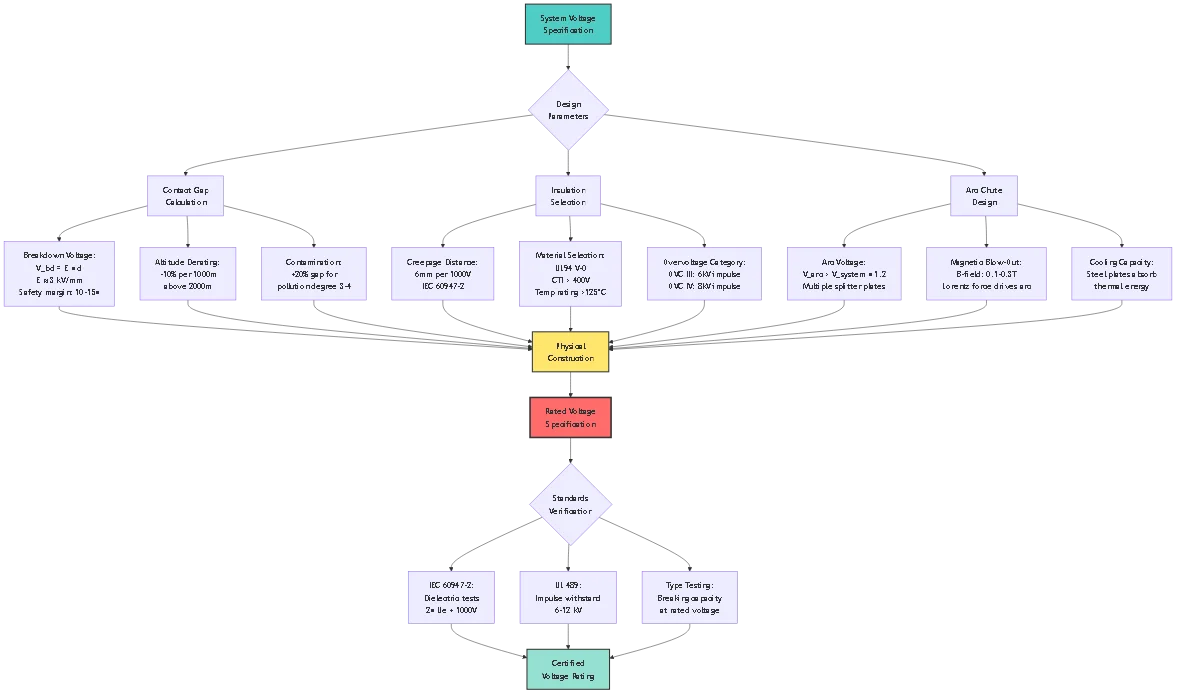 DC voltage circuit breaker rating determination flowchart showing contact gap calculations insulation requirements arc chute design parameters and IEC UL standards verification process with engineering formulas