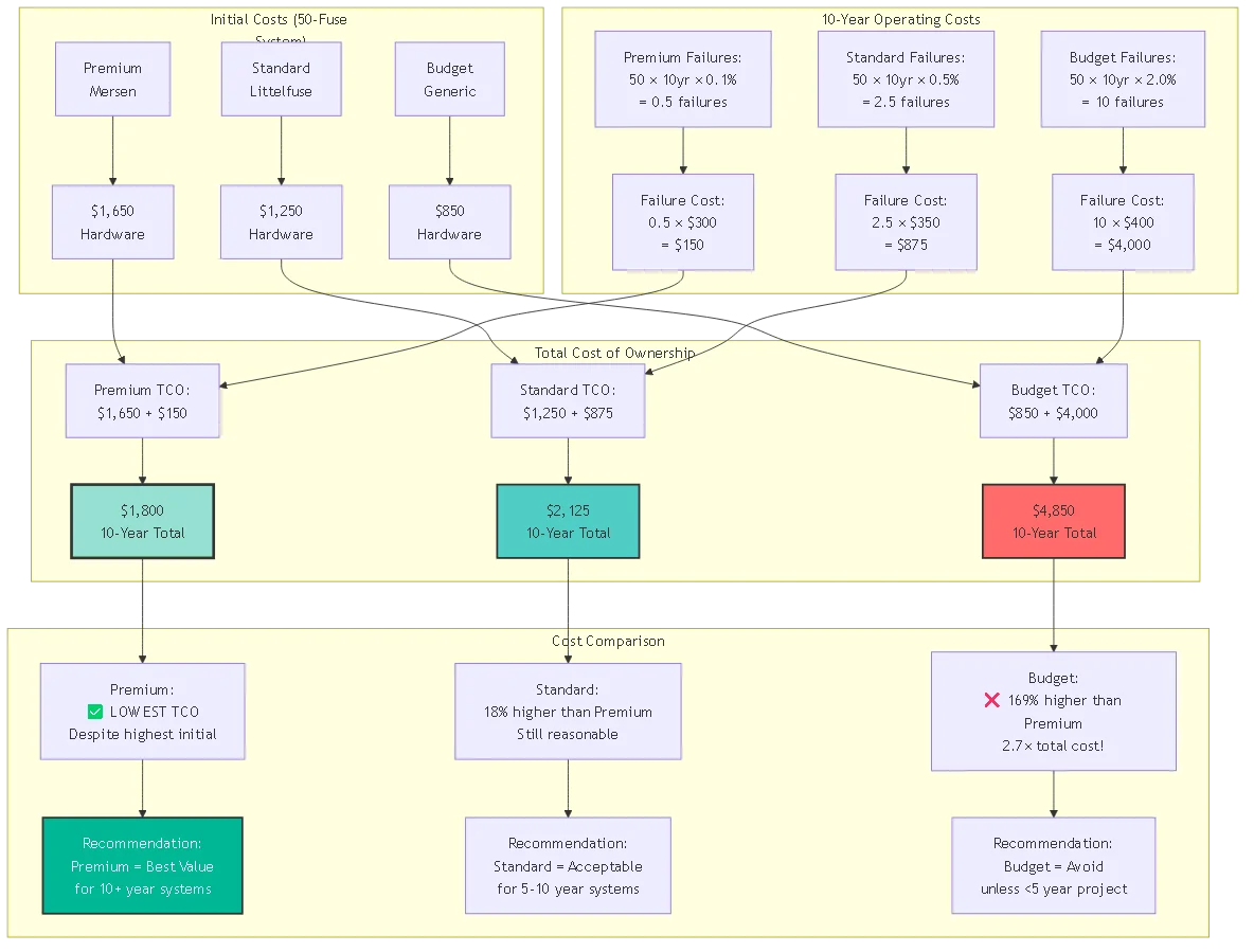 Solar fuse total cost of ownership 10-year comparison showing premium standard and budget options with failure rates and true cost analysis demonstrating premium fuses deliver lowest lifecycle expense