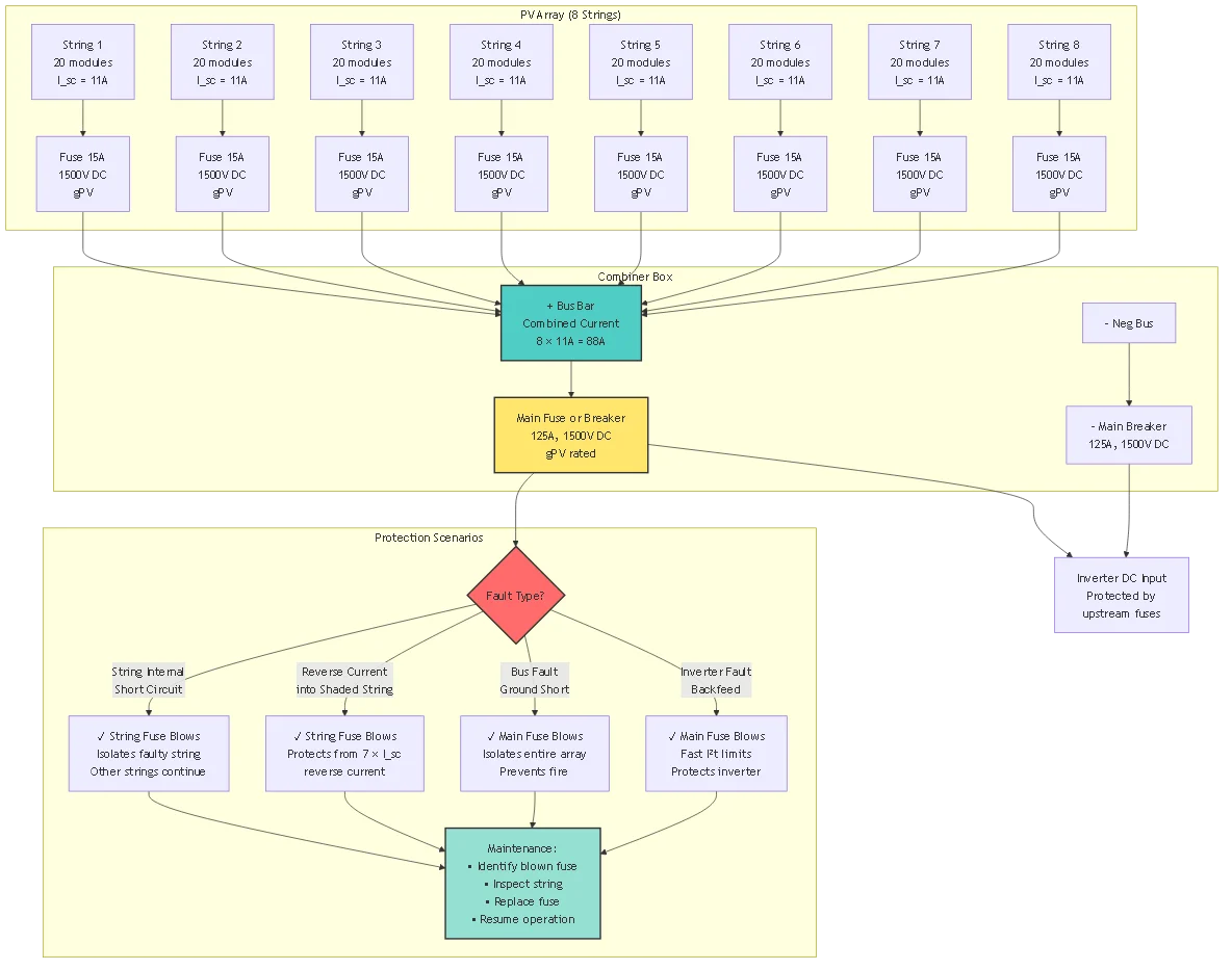 Solar panel fuse system architecture diagram showing 8-string PV array with individual string fuses combiner box bus bar and main protection with fault isolation scenarios for photovoltaic overcurrent protection
