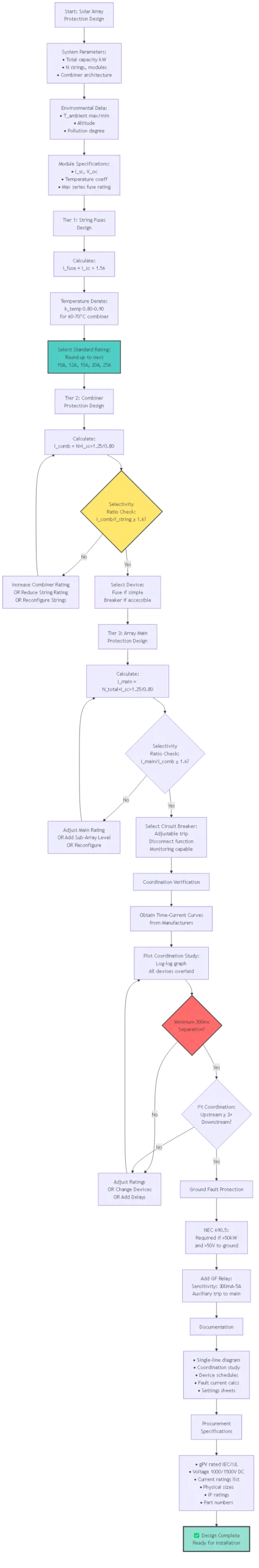 Solar fuses system design workflow flowchart showing complete engineering process from system parameters through tier-level calculations selectivity verification coordination study and final documentation for photovoltaic protection