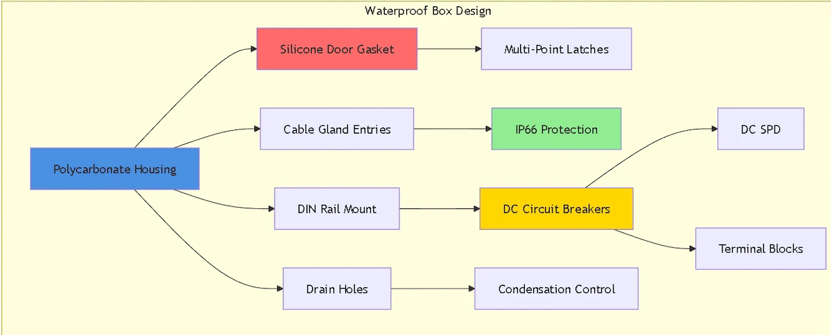 Cross-sectional diagram showing waterproof outdoor electrical box components including gasket seal, cable glands, and internal mounting