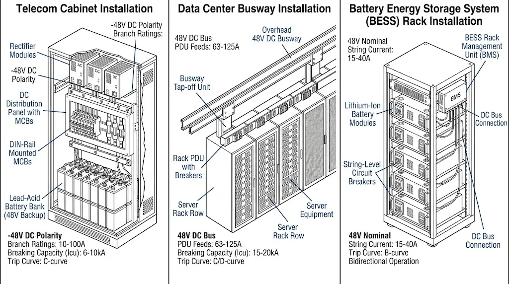 Three-panel comparison of 48V DC circuit breaker installations in telecom cabinet, data center busway, and battery storage rack