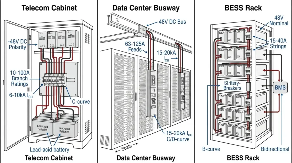 Three-panel comparison of 48V DC circuit breaker installations in telecom cabinet, data center busway, and battery storage rack