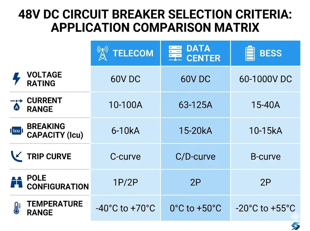 Selection criteria matrix comparing 48V DC circuit breaker specifications for telecom, data center, and BESS applications