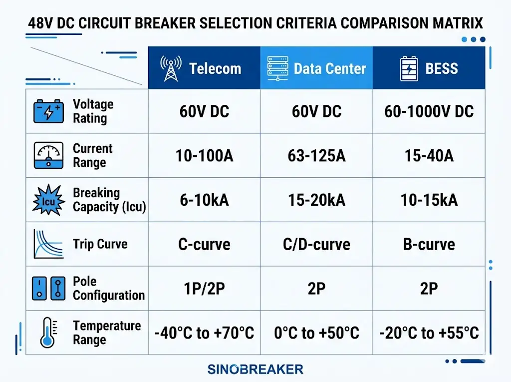 Selection criteria matrix comparing 48V DC circuit breaker specifications for telecom, data center, and BESS applications