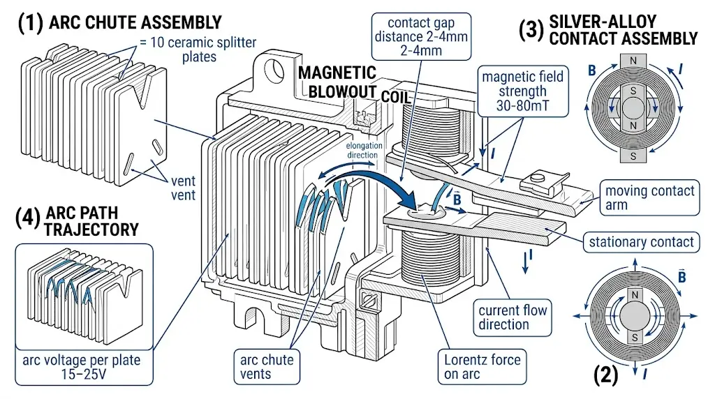 Cross-section of 48V DC circuit breaker showing magnetic blowout coil, arc chute splitter plates, and contact assembly