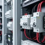 48V DC circuit breaker installed in telecom power distribution panel with battery backup system visible