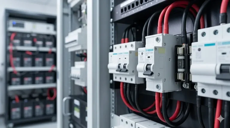 48V DC circuit breaker installed in telecom power distribution panel with battery backup system visible