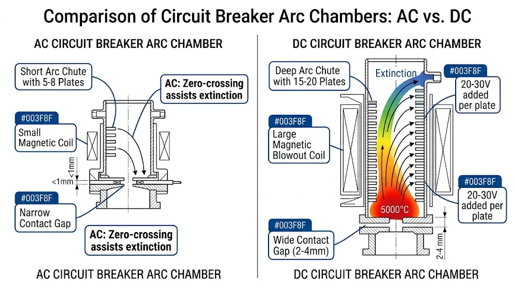 AC 및 DC 회로 차단기 아크 챔버의 비교를 통해 DC는 강제 아크 소멸을 위해 더 깊은 아크 슈트, 더 큰 자기 블로우 아웃 코일 및 더 넓은 접촉 간격이 필요함을 보여줍니다.