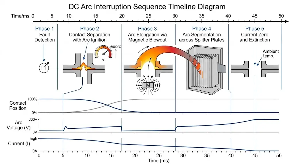 DC circuit breaker arc interruption timeline showing five phases from fault detection to arc extinction with voltage and current graphs
