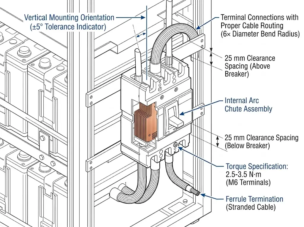 DC circuit breaker installation cutaway showing vertical mounting cable bend radius and terminal torque points