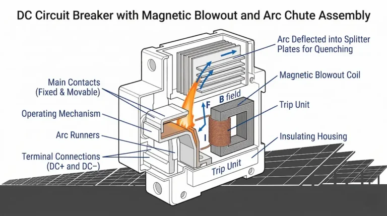 DC circuit breaker cutaway view showing arc chute assembly, magnetic blowout coil, and contact mechanism with arc deflection path