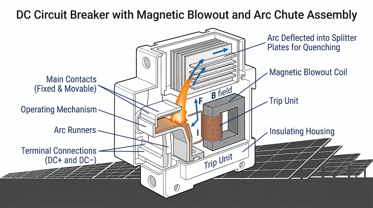 DC circuit breaker cutaway view showing arc chute assembly, magnetic blowout coil, and contact mechanism with arc deflection path