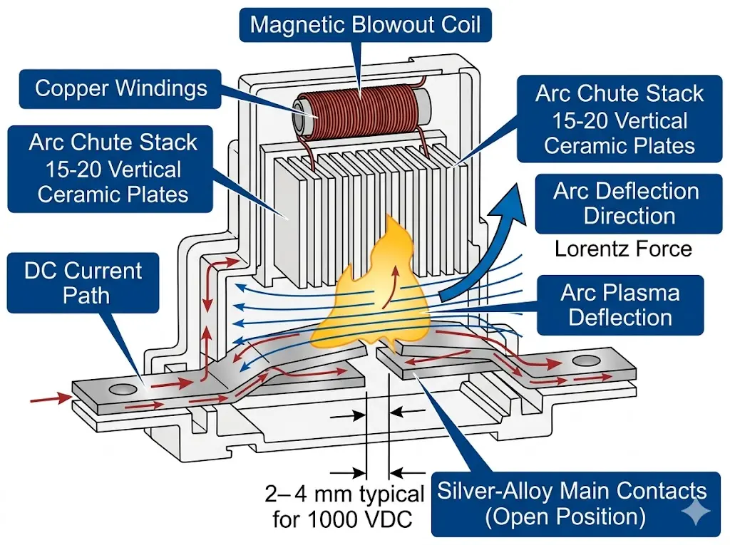 자기 블로우아웃 코일, 세라믹 아크 슈트 플레이트, 은합금 접점 및 1000VDC 정격의 2~4mm 접점 간격을 보여주는 DC 태양광 회로 차단기 컷어웨이