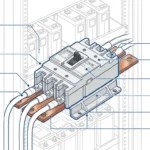 Disjuntor CC para ESS instalado em rack de bateria com conexões de barramento e módulos de bateria de lítio