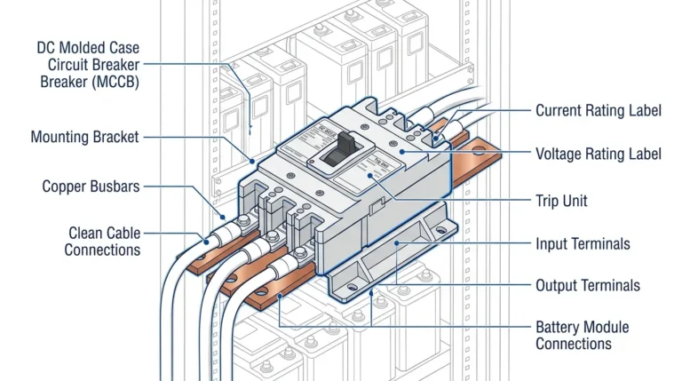 Disjoncteur DC pour ESS installé dans un rack de batteries avec des connexions de barres omnibus et des modules de batteries au lithium