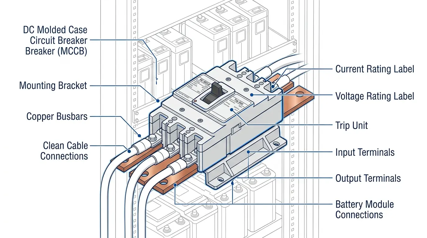 DC circuit breaker for ESS installed in battery rack with busbar connections and lithium battery modules