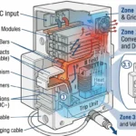 DC circuit breaker installed in EV charging station cabinet showing protection zones between rectifier and charging connector