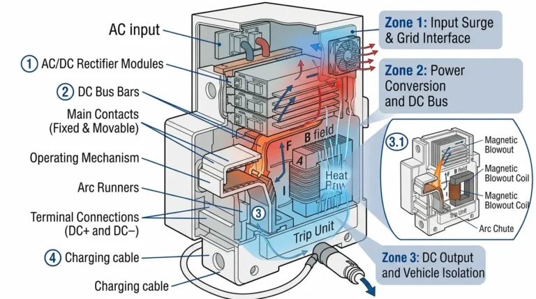 DC circuit breaker installed in EV charging station cabinet showing protection zones between rectifier and charging connector