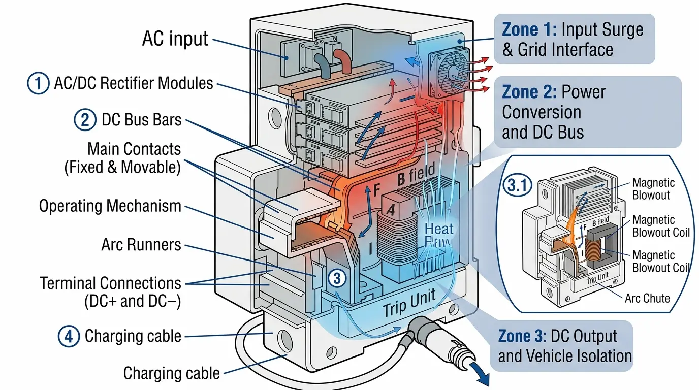 DC circuit breaker installed in EV charging station cabinet showing protection zones between rectifier and charging connector
