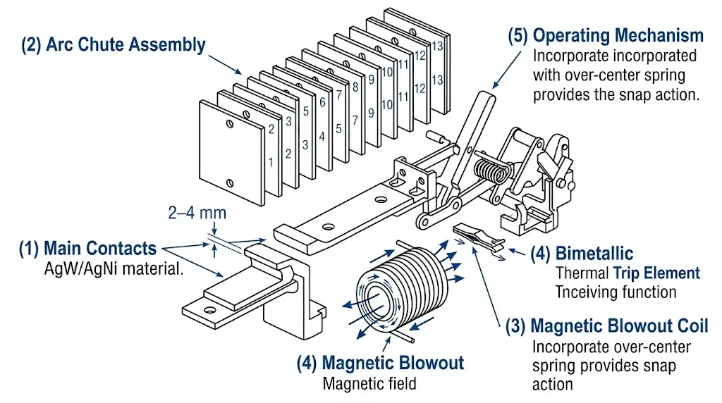 DC circuit breaker exploded view showing main contacts, arc chute with splitter plates, magnetic blowout coil, and trip mechanism