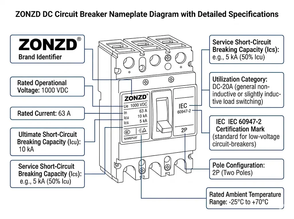 DC circuit breaker nameplate showing rated voltage, current, breaking capacity, utilization category, and certification marks