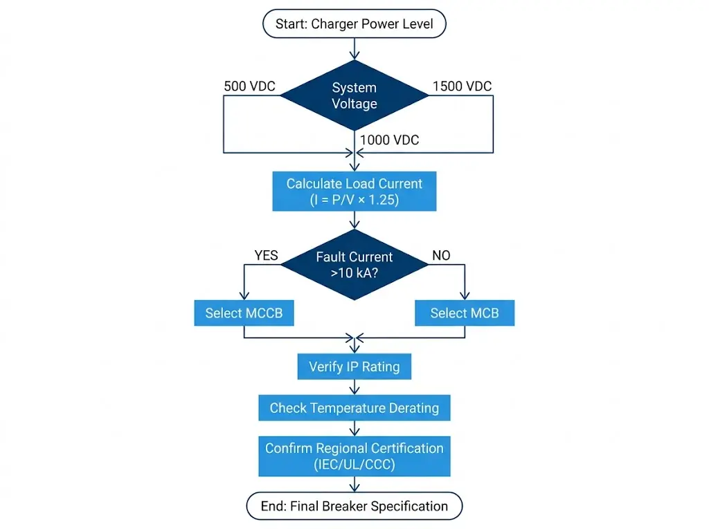 Flowchart for selecting DC circuit breakers for EV charging stations based on voltage, current, and fault level