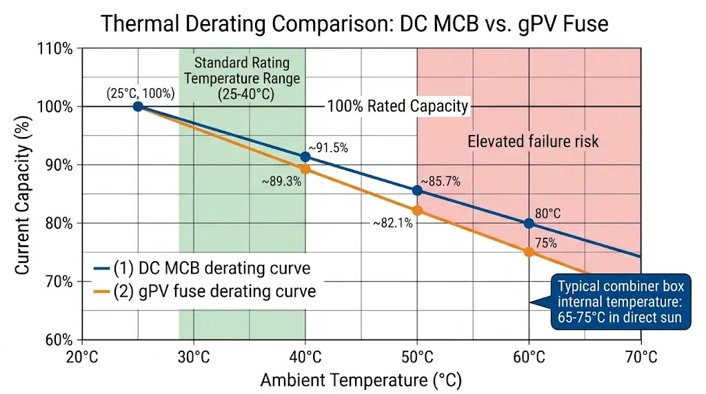 25°C에서 100%에서 60°C 주변 온도에서 약 80%로 전류 용량 감소를 보여주는 DC MCB 및 gPV 퓨즈의 열 감속 곡선