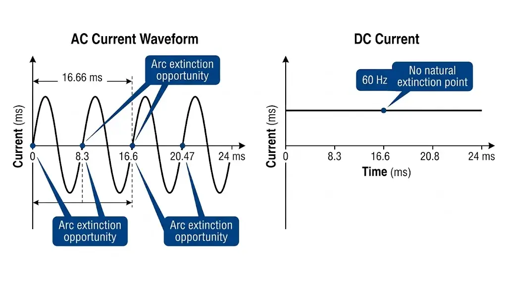 DC versus AC current waveform comparison showing natural zero-crossing points in AC and continuous flow in DC circuits