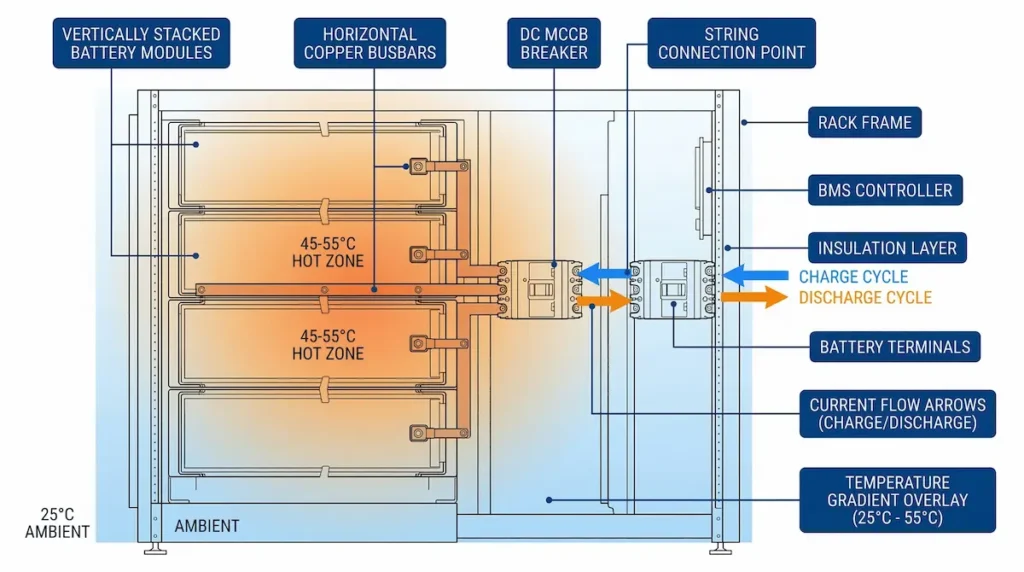 ESS battery rack cross-section showing DC circuit breaker placement at string level with temperature zones