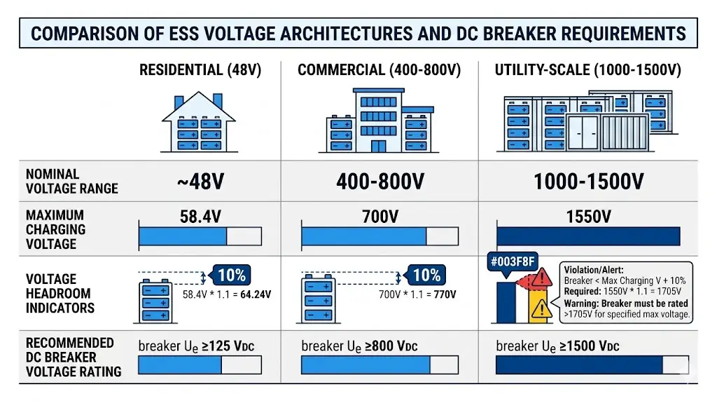 ESS voltage architecture comparison showing residential commercial and utility-scale DC breaker voltage ratings