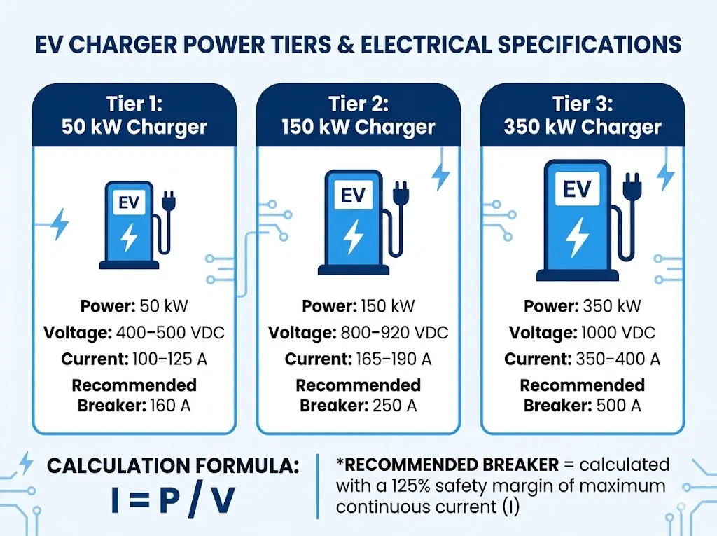 Infographic comparing 50 kW, 150 kW, and 350 kW EV charger power levels with voltage, current, and DC breaker ratings
