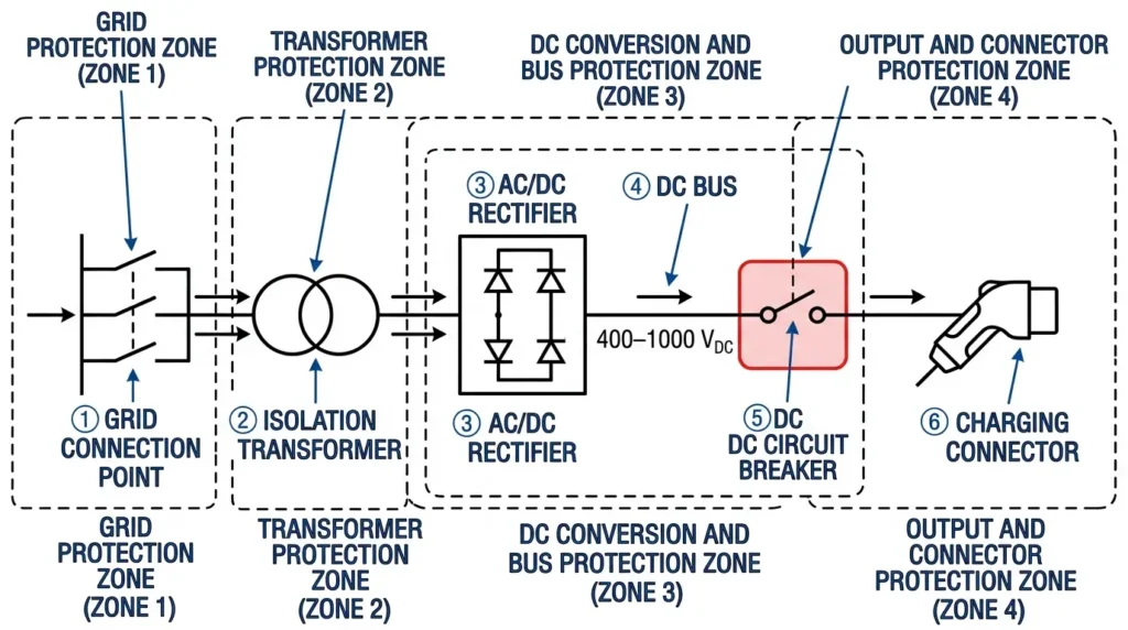 Single-line diagram showing DC circuit breaker position in EV charging station between rectifier and charging connector