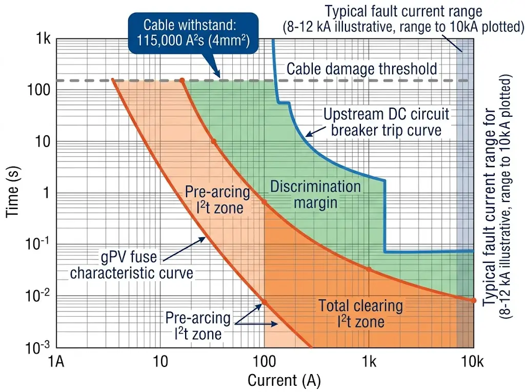 gPV 퓨즈 곡선, DC 회로 차단기 트립 곡선 및 케이블 손상 임계값과 I²t 에너지 영역 및 판별 마진을 보여주는 시간-전류 조정 다이어그램