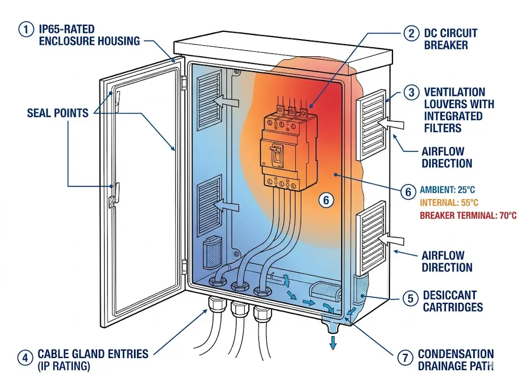 Cutaway view of outdoor EV charging enclosure showing DC breaker mounting, IP65 sealing, ventilation, and thermal zones