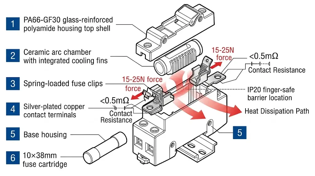 Exploded view of PV fuse holder showing PA66-GF30 housing, silver-plated copper terminals, spring-loaded clips, and ceramic arc chamber