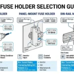 PV fuse holder selection guide infographic showing inline, panel-mount, and DIN-rail holder types with voltage ratings for solar systems
