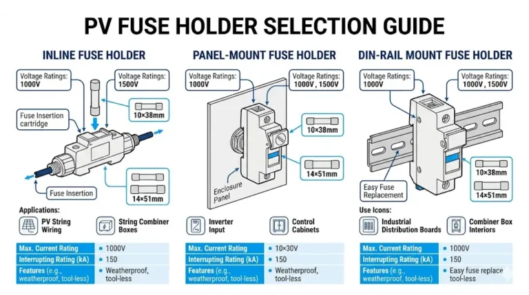 PV fuse holder selection guide infographic showing inline, panel-mount, and DIN-rail holder types with voltage ratings for solar systems
