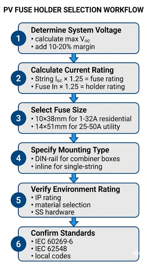 Six-step PV fuse holder selection workflow from voltage determination through current rating, fuse size, mounting type, to standards compliance