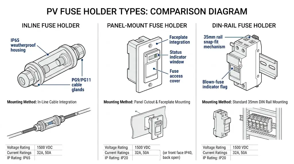 Comparison of three PV fuse holder types: inline with IP65 housing, panel-mount with indicator, and DIN-rail with snap-fit mechanism