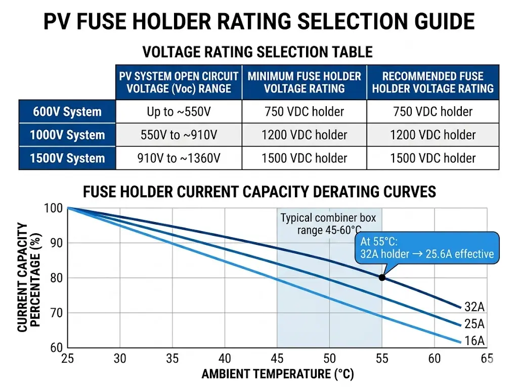 PV fuse holder voltage rating table and temperature derating curves showing current capacity reduction from 25°C to 65°C ambient