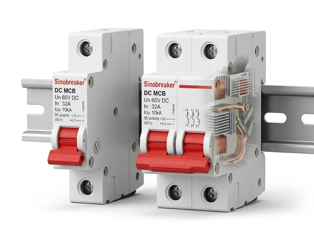 Sinobreaker DC MCB circuit breakers in 1-pole and 2-pole configurations mounted on DIN rail for 48V applications