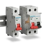 Sinobreaker DC MCB circuit breakers in 1-pole and 2-pole configurations mounted on DIN rail for 48V applications