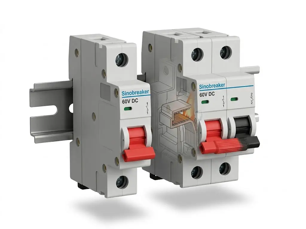 Sinobreaker DC MCB circuit breakers in 1-pole and 2-pole configurations mounted on DIN rail for 48V applications